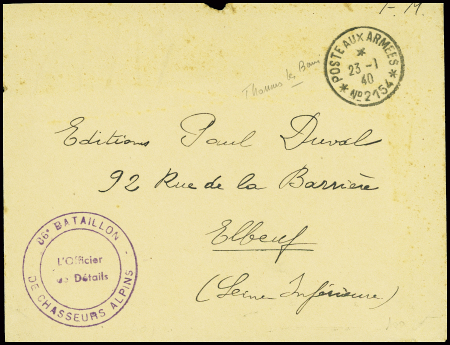 Lettre en franchise avec CAD "Poste aux armées n°2154" (1940 - Thonon les Bains) + cachet violet