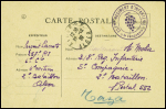 Carte postale de franchise militaire avec CAD d'Alger RP (1939) + cachet violet avec grappe de raisin "257eme régiment d'infanterie - 6e compagnie"