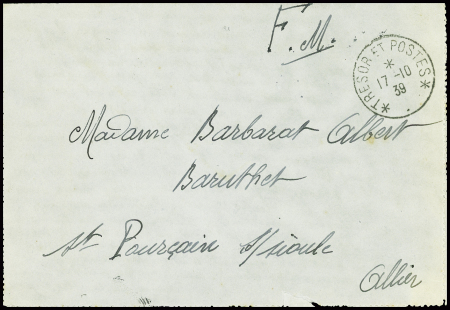 Lettre en franchise avec ancien CAD de 1918 réutilisé en 1939 "Trésor et postes * * " (17.10.1939). TB