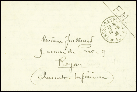Lettre en franchise avec ancien CAD de 1915 réutilisé en 1939 "Trésor et postes 134" (13.9.1939). TB