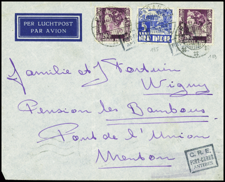 Indes néerlandaises n°185 + 189, 2 pièces, obl Padang (1939) sur lettre adressée à des Allemands internés comme sujets ennemis avec petit cachet rect noir