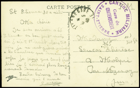 Carte postale en franchise avec cachet violet "Cantine militaire gare de Chateaucreux Saint Etienne" (1940). TB