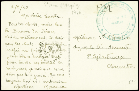 Carte postale en franchise avec cachet vert "Etablissement hippique de transit 108 Saint Jean d'Angely - Le capitaine directeur" (1949)