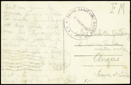 Carte postale en franchise de Limoges (1940) avec cachet violet "Train sanitaire ouest 26 - le vaguemestre". TB