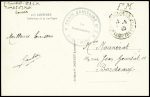 Carte postale en franchise de Lourdes (1940) avec cachet noir "Train sanitaire n°7 SO midi - Le gestionnaire". TB