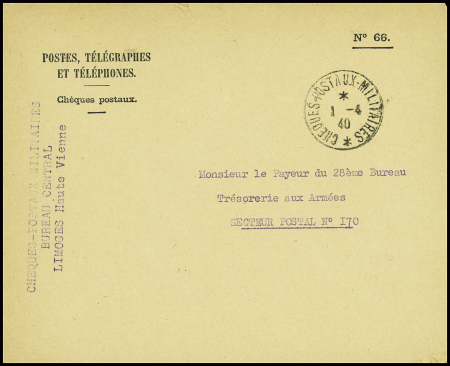 Env. en franchise PTT n°66 avec rare CAD "Chèques postaux militaires" (1940) + griffe "Chèques postaux militaires bureau central Limoges Haute Vienne"