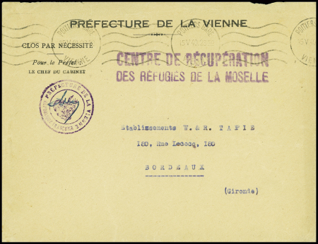 Lettre en franchise à en-tête "Préfecture de la Vienne" avec obl mec de Poitiers gare et griffe violette