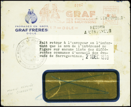 Lettre de Dôle adressée à la mairie de Sarreguemines repliée à Chasseneuil (Charente) avec étiquette ronéotypée