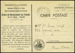 Carte postale en franchise à en-tête "Présidence du Conseil-service du recensement des Evacués - rue du Plantier Périgueux" avec obl mec de Périgueux-gare
