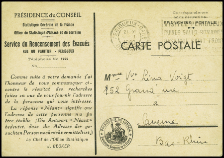 Carte postale en franchise à en-tête "Présidence du Conseil-service du recensement des Evacués - rue du Plantier Périgueux" avec obl mec de Périgueux-gare
