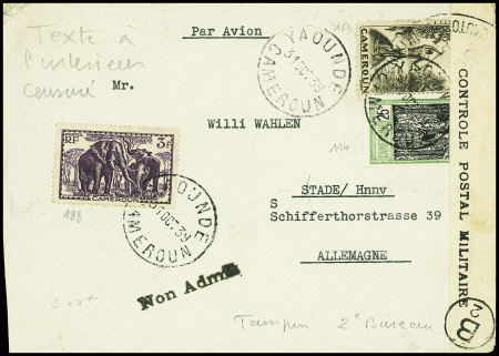 Cameroun n°114 + 159 + 188 obl Yaoundé (31 oct 39) sur lettre censurée pour l'Allemagne avec griffe noire "Non admis"