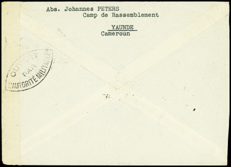 Cameroun n°114 + 159 + 188 obl Yaoundé (31 oct 39) sur lettre censurée pour l'Allemagne avec griffe noire "Non admis"