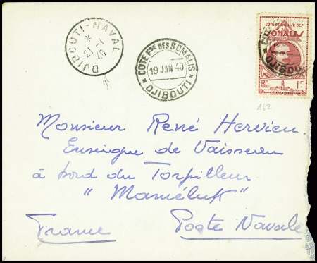 Côte des Somalis n°162 obl Djibouti sur lettre avec rare CAD "Djibouti naval" (21.1.40). Frappe TB