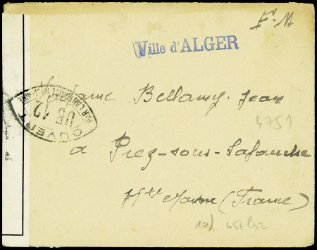 Lettre en franchise avec griffe bleue de navire "Ville d'Alger" + censure UB12 (26.4.1940 - expédition de Norvège). TB