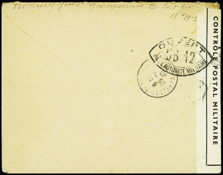 Lettre en franchise avec griffe bleue de navire "Ville d'Alger" + censure UB12 (26.4.1940 - expédition de Norvège). TB
