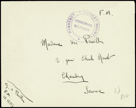 Lettre en franchise du SP 17553 avec cachet violet "Paquebot président Doumer - personnel militaire" (transport de troupes de l'expédition de Norvège - 1940)