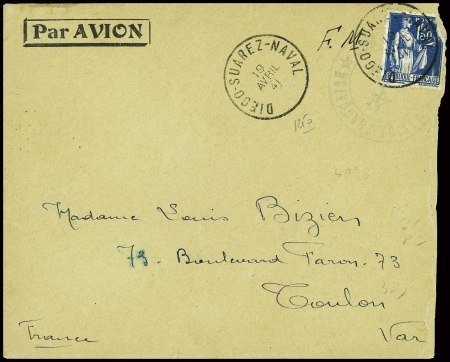 N°288 (def) obl rare CAD "Diego-Surez naval" (1941) répété à côté sur lettre