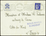 N°365 obl Cherbourg (1938) sur env à en-tête illustrée avec griffe violette "sous-marin Surcouf"