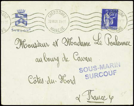 N°365 obl Cherbourg (1938) sur env à en-tête illustrée avec griffe violette "sous-marin Surcouf"