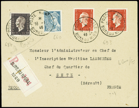 N°660 + 687 + 693, 2 pièces obl CAD "Poste navale bureau n°69" (1946 - Le Caire) sur lettre recommandée, RR et TB