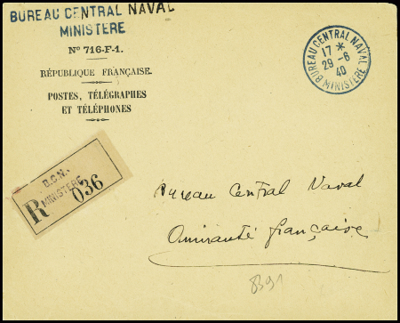 Lettre en franchise à en-tête "Secrétariat d'état à la marine" avec obl mec "Paris VIII 49 R. de la Boétie" (23.3.1942) + cachet bleu avec ancre
