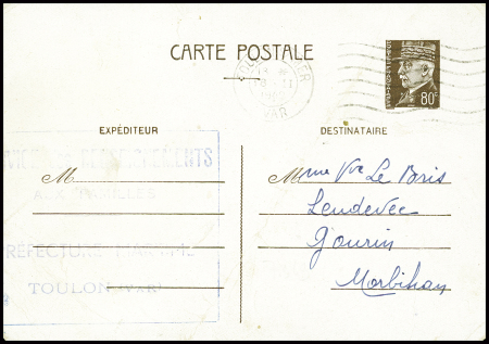 Entier carte postale 80c Pétain obl Toulon (1942) avec au verso repiquage du service de renseignement aux familles avec message du porte-avions Béarn