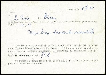 Entier carte postale 80c Pétain obl Toulon (1942) avec au verso repiquage du service de renseignement aux familles avec message du porte-avions Béarn