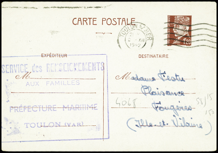Idem mais entier CP 1F20 Pétain obl Toulon (2.12.1942) avec message du croiseur Emile Bertin stationné aux Antilles. TB