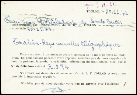 Idem mais entier CP 1F20 Pétain obl Toulon (2.12.1942) avec message du croiseur Emile Bertin stationné aux Antilles. TB