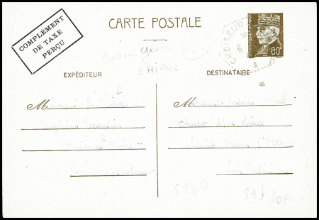 Entier carte postale 80c Pétain obl hex "Croiseur Eloire" (5.7.42) avec surcharge rect locale d'Algérie "Complément de taxe perçu" (PET A3 E1). TB