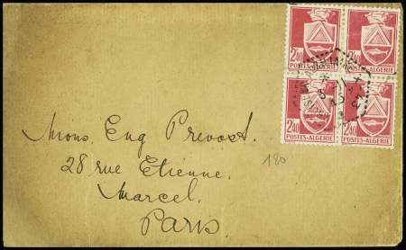 Algérie n°180 obl très rare CAD hex "Ravitailleur Jules Verne" (1.8.44) sur lettre recommandée pour Alger naval. TB