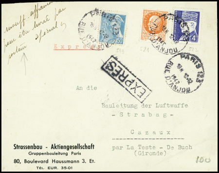 N°521 + 522 + 549 obl grand CAD horoplan "Paris 123 rue d'Anjou" (1942) sur lettre par exprès avec en-tête
