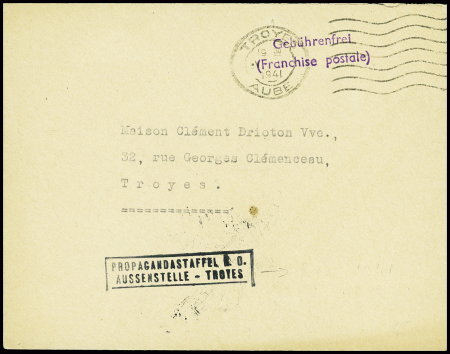Lettre en franchise avec griffe violette "Gebuhrenfrei (franchise postale) + obl mec "Troyes Aube" (1941) + cachet rect noir