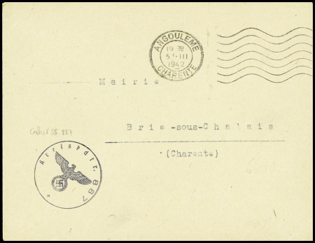 Lettre en franchise avec obl mec "Angoulême Charente" (1942) + cachet noir avec aigle "Kreiskdtr 887". TB