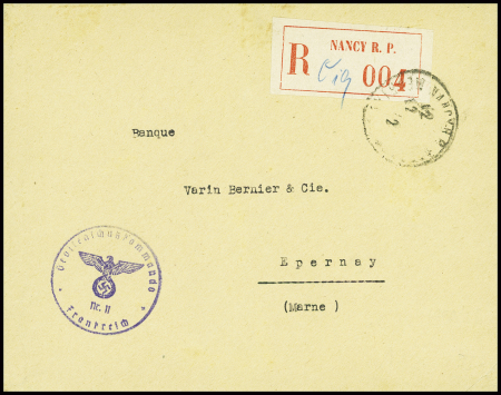 Lettre recommandée en franchise de Nancy RP (1942) avec cachet noir avec aigle "Devisenschutzkommando NR11 - Frankreich". TB