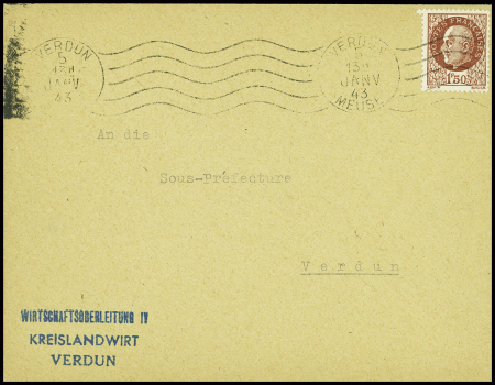 N°517 obl mec de Verdun (1943) sur lettre avec griffe bleue "Wirtschaftsoberleitung IV Kreislandwirt Verdun". Jolie pièce