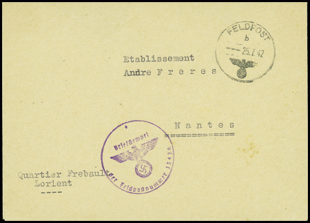 Lettre en franchise avec CAD "Feldpost" (1942) + cachet violet avec aigle "Briefstempel der feldpostnummer 13426" et mention dactyl