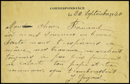 Carte postale de franchise militaire française avec CAD de Lormes Nièvre (sept 1940) et petite griffe violette "Standortkommandantur Lormes". TB