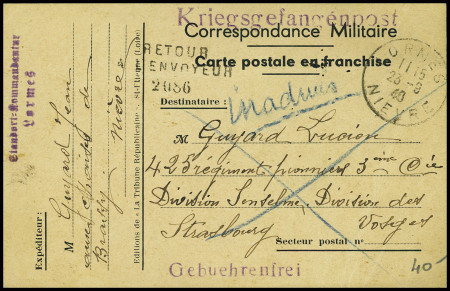 Carte postale de franchise militaire française avec CAD de Lormes Nièvre (sept 1940) et petite griffe violette "Standortkommandantur Lormes". TB