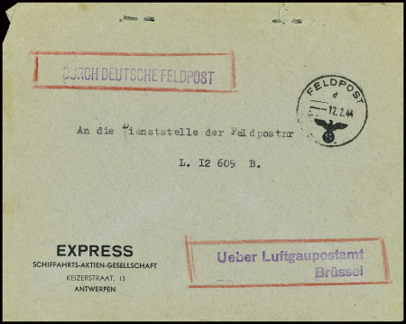 Lettre pour Lille avec griffe violette "Bezirksbauleitung der Luftwaffe Cambrai" (1942). TB