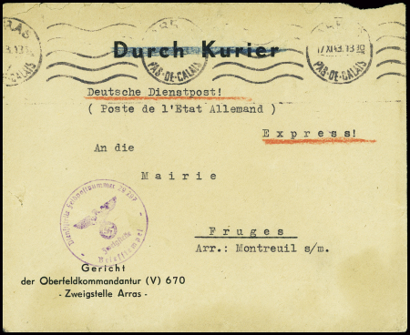 Lettre en franchise d'Arras (1943) avec en-tête noir "Gericht der Oberfeldkommandantur (V) 670 Zweigstelle". TB