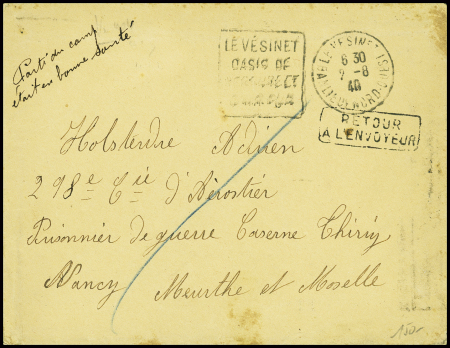 Lettre en franchise du Vésinet (2.8.40) pour un prisonnier français à la caserne Thiry à Nancy avec mention manuscrite