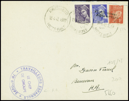 N°407 + 413 + 514 obl Aspres sur Buech Hautes-Alpes (1942) sur lettre avec cachet bleu "Travailleurs espagnols 78e groupe le chef de groupe". TB