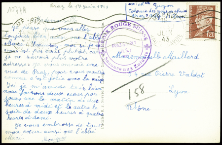 N°515 obl Mégève Haut-Savoie (1943) sur carte postale avec cachet violet "Croix Rouge suisse Praz s/ Arly HS secours aux enfants". TB