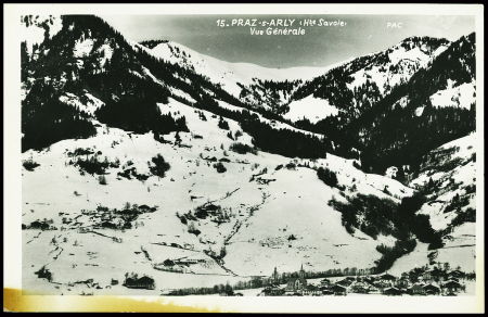 N°515 obl Mégève Haut-Savoie (1943) sur carte postale avec cachet violet "Croix Rouge suisse Praz s/ Arly HS secours aux enfants". TB