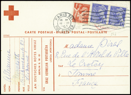 N°433 + 546 en paire obl Paris XVI (1943) sur carte postale de la Croix-Rouge portugaise de Lisbonne pour Le Crotoy (Somme). TB