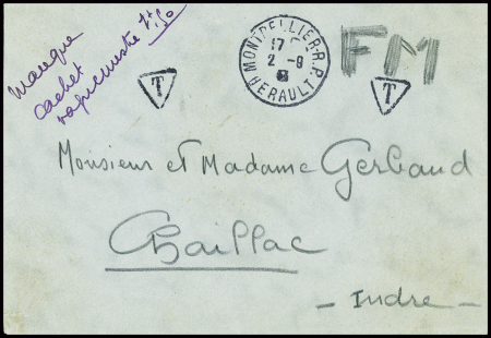Lettre en franchise avec CAD "Montpellier RP Hérault" (1942) + mention manuscrite "Manque cachet vaguemestre" et au verso spectaculaire bloc de 15