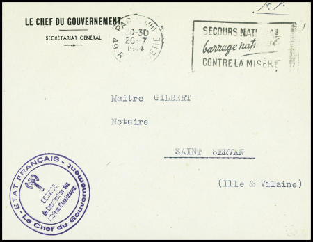 Lettre en franchise avec en-tête "Le chef du gouvernement - secrétariat général" + obl mec "Paris VIII 49 R. de la Boétie" (26.7.44)