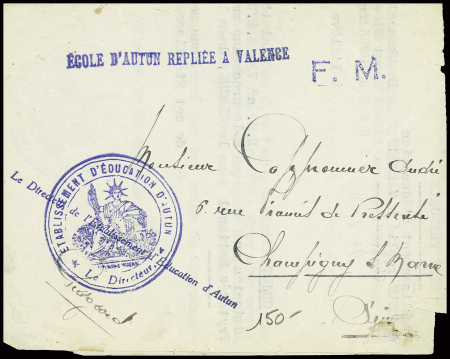 Lettre en franchise avec cachet noir avec déesse assise "Etablissement d'éducation d'Autun - le directeur" + griffe noire