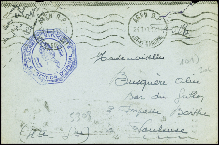 Lettre en franchise avec obl mec "Agen RP Lot et Garonne" (1941) + cachet bleu "Gendarmerie nationale RF section d'Epinal" (unité repliée). TB
